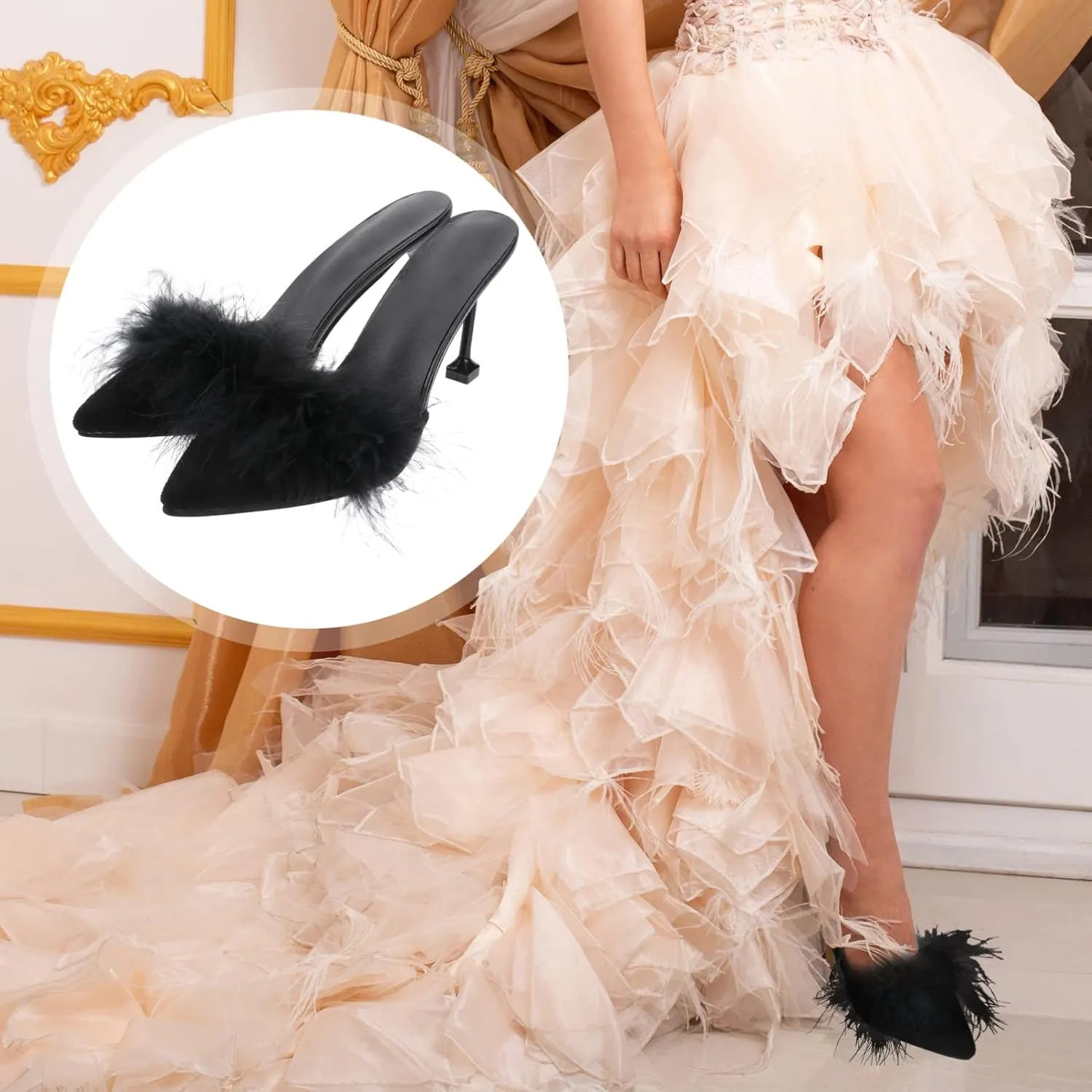 Fur Slippers Open Toe Crystal High Heels Pointed Slides Transparent Heel Sandals Girls Fluffy House Slides Outdoor Dress Sandal 1 Pair