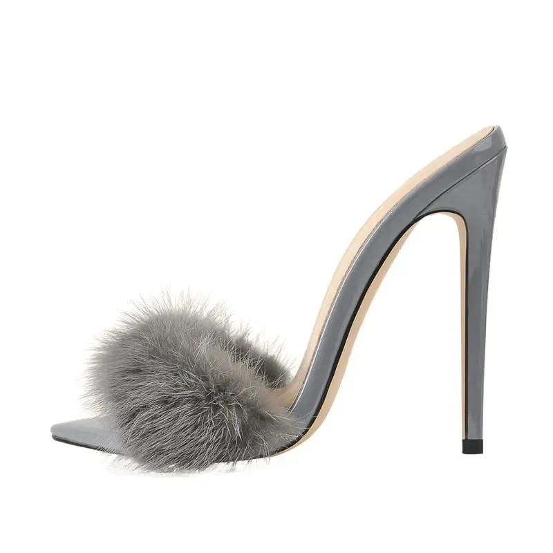 Furry Thin High Heeled Peep Toe Sandals