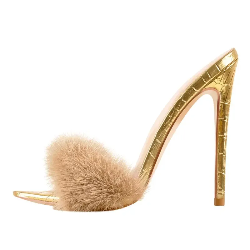 Furry Thin High Heeled Peep Toe Sandals