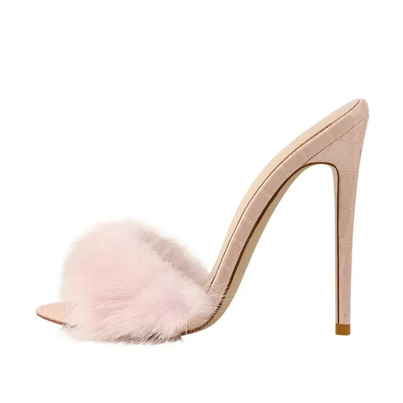 Furry Thin High Heeled Peep Toe Sandals