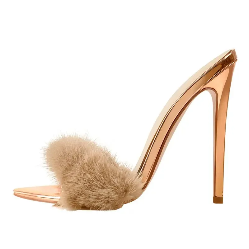 Furry Thin High Heeled Peep Toe Sandals