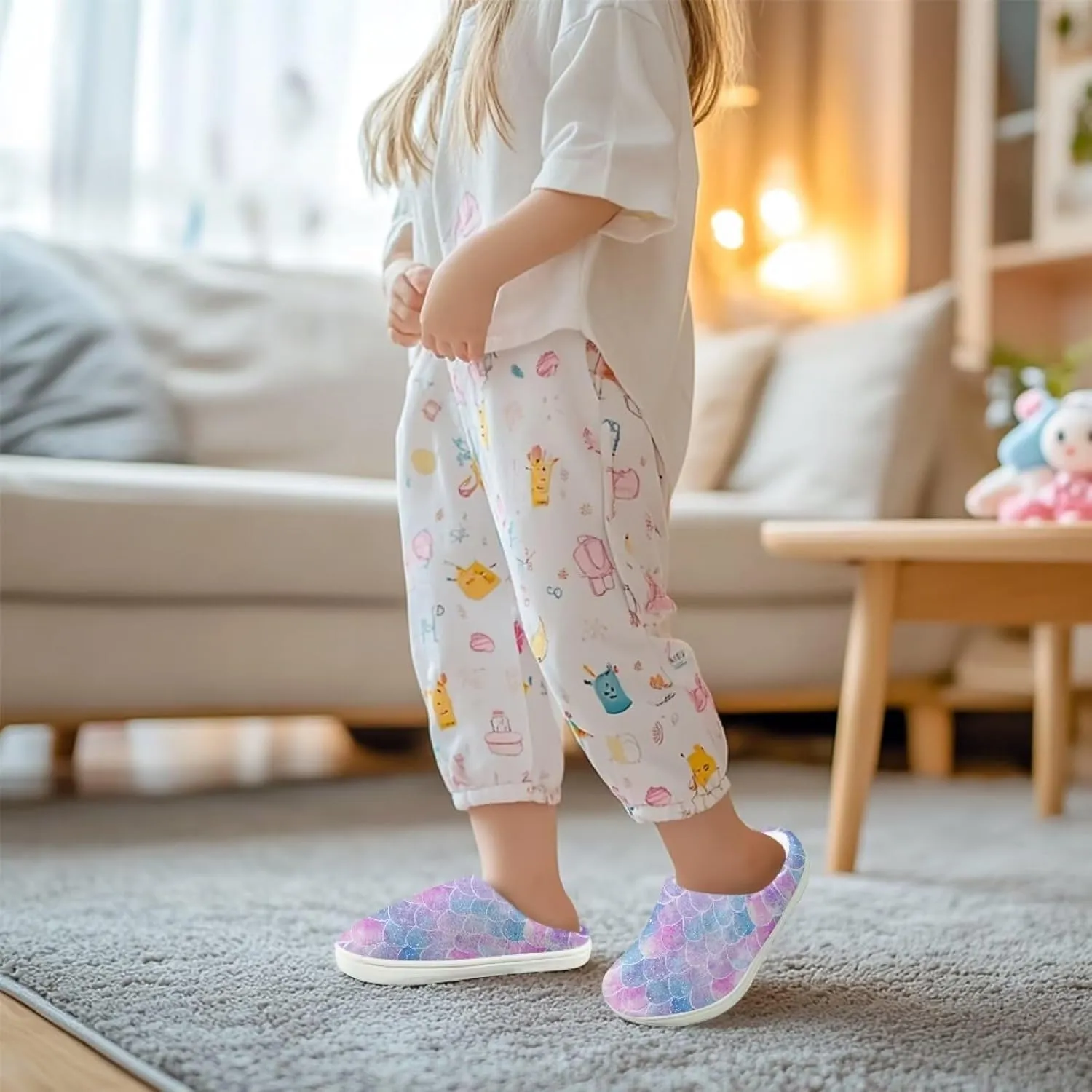 Fuzzy Toddler Slippers Girls Plush Slippers Soft Warm House Shoes Cozy Slip On Indoor Shoes Cute Print House Slippers Non Slip Washable for Bedroom Outdoor US 9-15