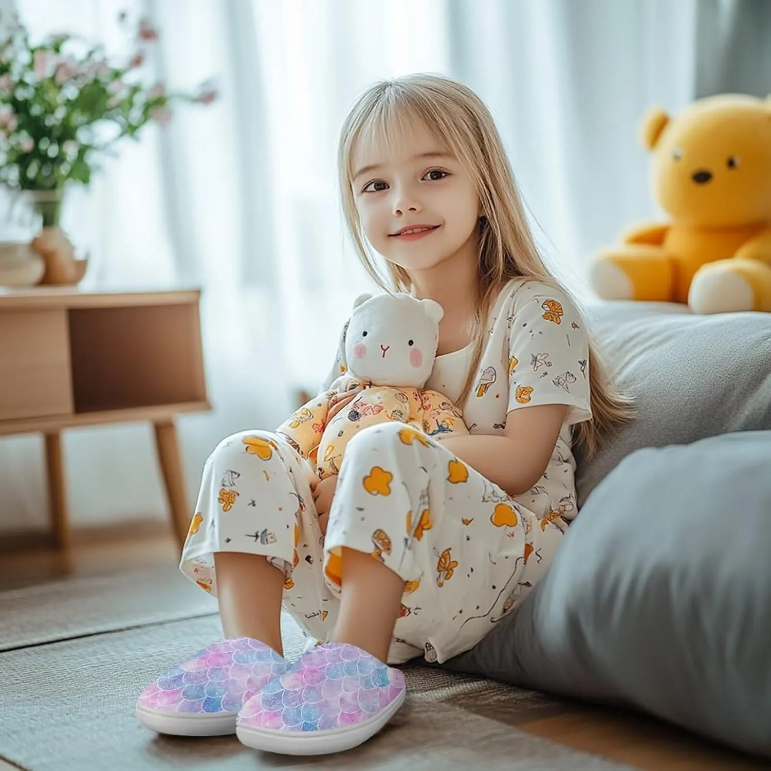 Fuzzy Toddler Slippers Girls Plush Slippers Soft Warm House Shoes Cozy Slip On Indoor Shoes Cute Print House Slippers Non Slip Washable for Bedroom Outdoor US 9-15