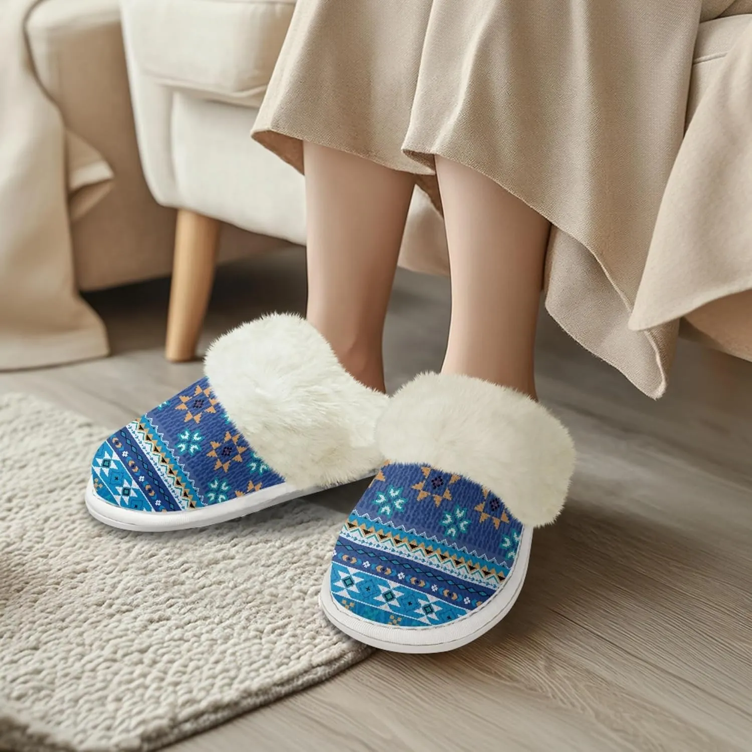 Geometic Aztec Print Comfy Slippers for Women Indoor and Outdoor,Slip on House Slippers,Warm and Cozy
