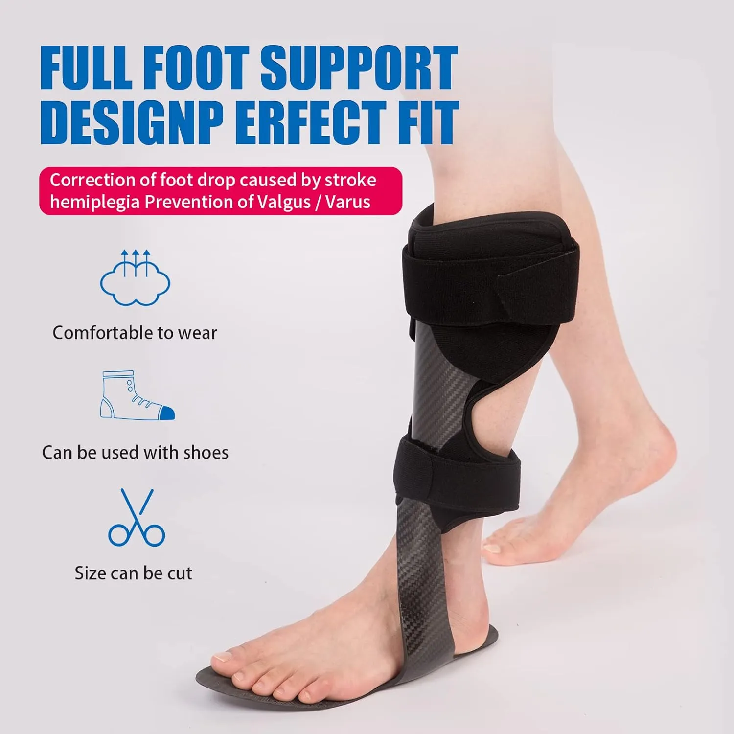GHORTHOUD Carbon Fiber AFO Brace Lightweight Ankle Foot Orthosis AFO Rehabilitator Foot Drop Brace for Drop Foot, Ankle Instability or Limb Spasticity (Medium-Right)
