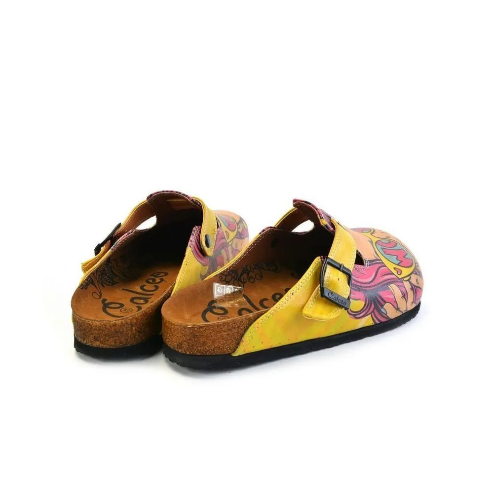 Girl With Yellow Pattern and Pink Hair, Yellow Wow Writing Glasses Girl Clogs - CAL373