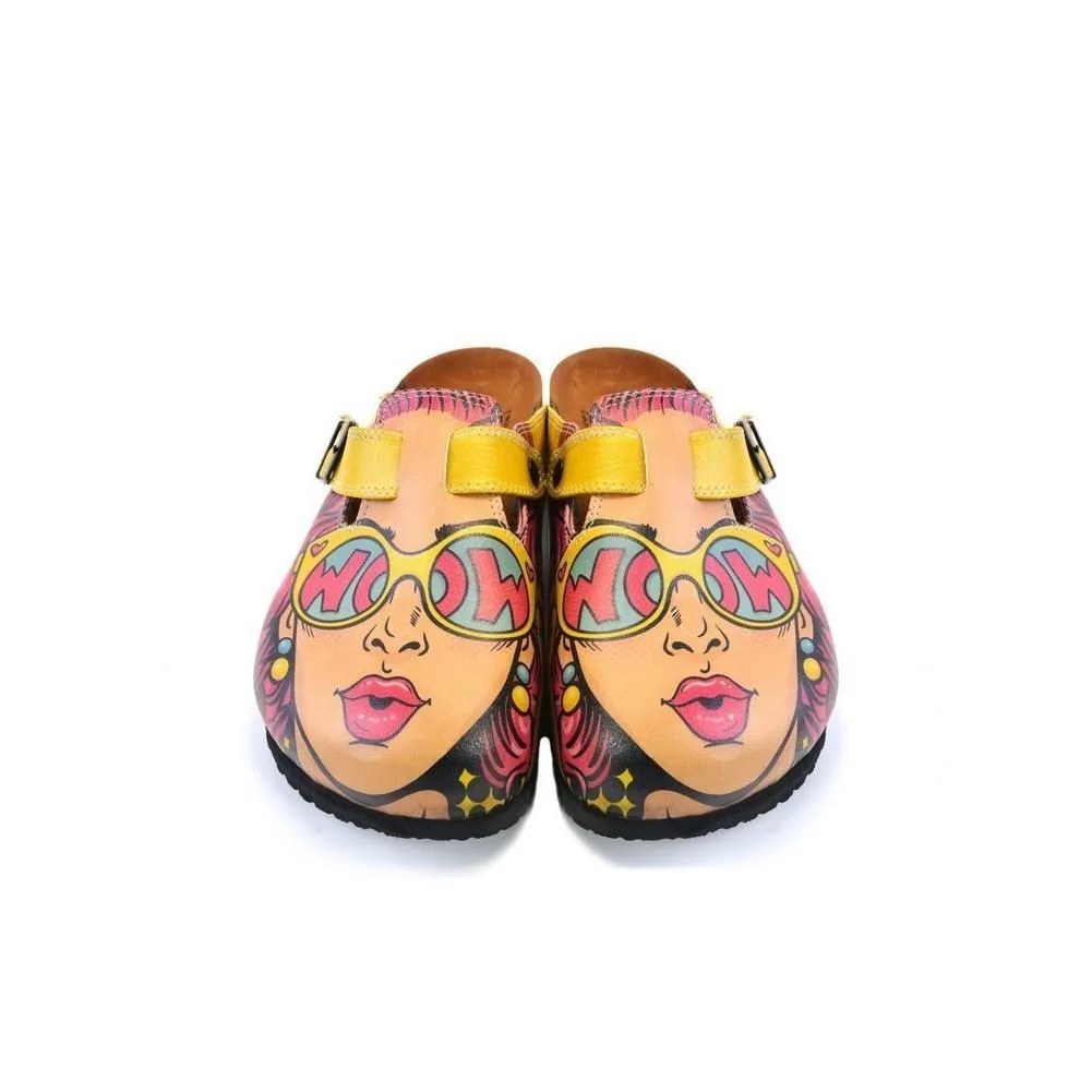 Girl With Yellow Pattern and Pink Hair, Yellow Wow Writing Glasses Girl Clogs - CAL373