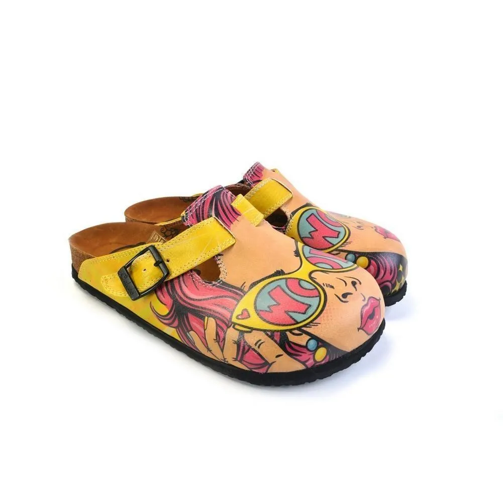 Girl With Yellow Pattern and Pink Hair, Yellow Wow Writing Glasses Girl Clogs - CAL373
