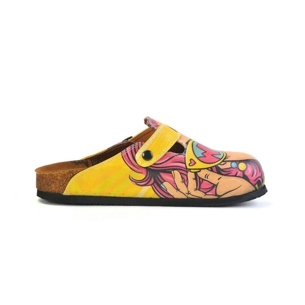 Girl With Yellow Pattern and Pink Hair, Yellow Wow Writing Glasses Girl Clogs - CAL373