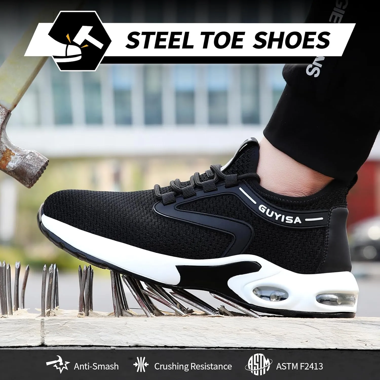 GLANOUDUN Steel Toe Shoes for Men Black Work Shoes Lightweight Safety Shoe for Men Indestructible Steel Toe Sneakers Industrial Construction Shoe Men's Work & Safety Footwear