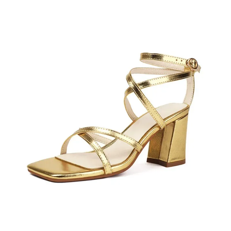 Gold High Heel Sandal with Thin Crisscross Straps