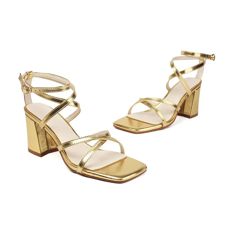 Gold High Heel Sandal with Thin Crisscross Straps