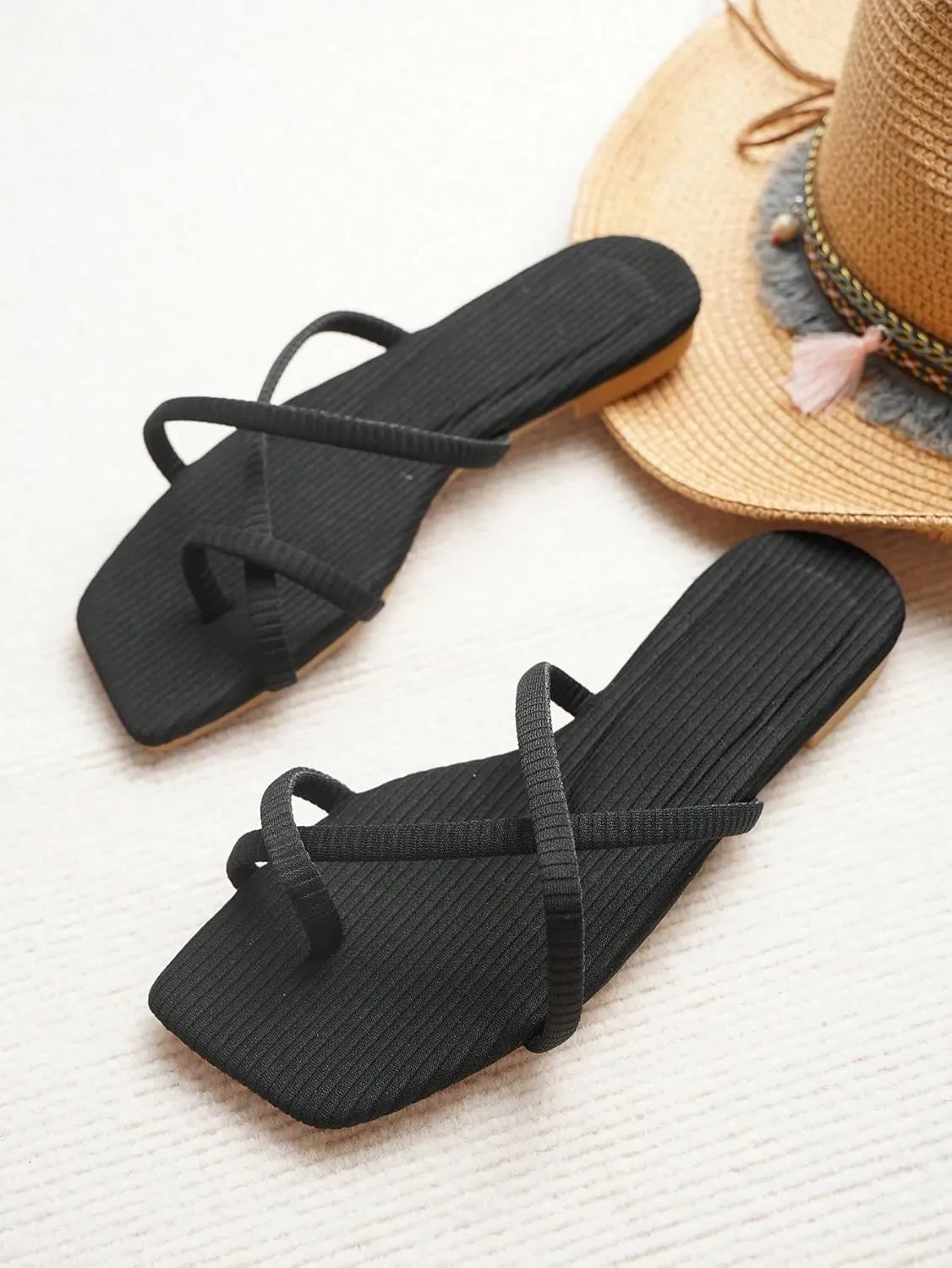 GORGLITTER Women's Cute Strappy Sandals Flat Sandals Toe Ring Summer Slide Sandal Slip on Flip Flops