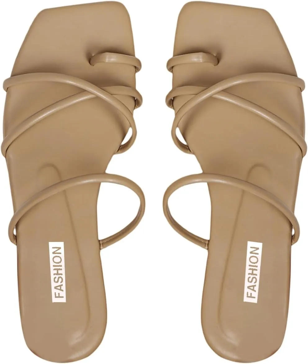 GORGLITTER Women's Cute Strappy Sandals Flat Sandals Toe Ring Summer Slide Sandal Slip on Flip Flops