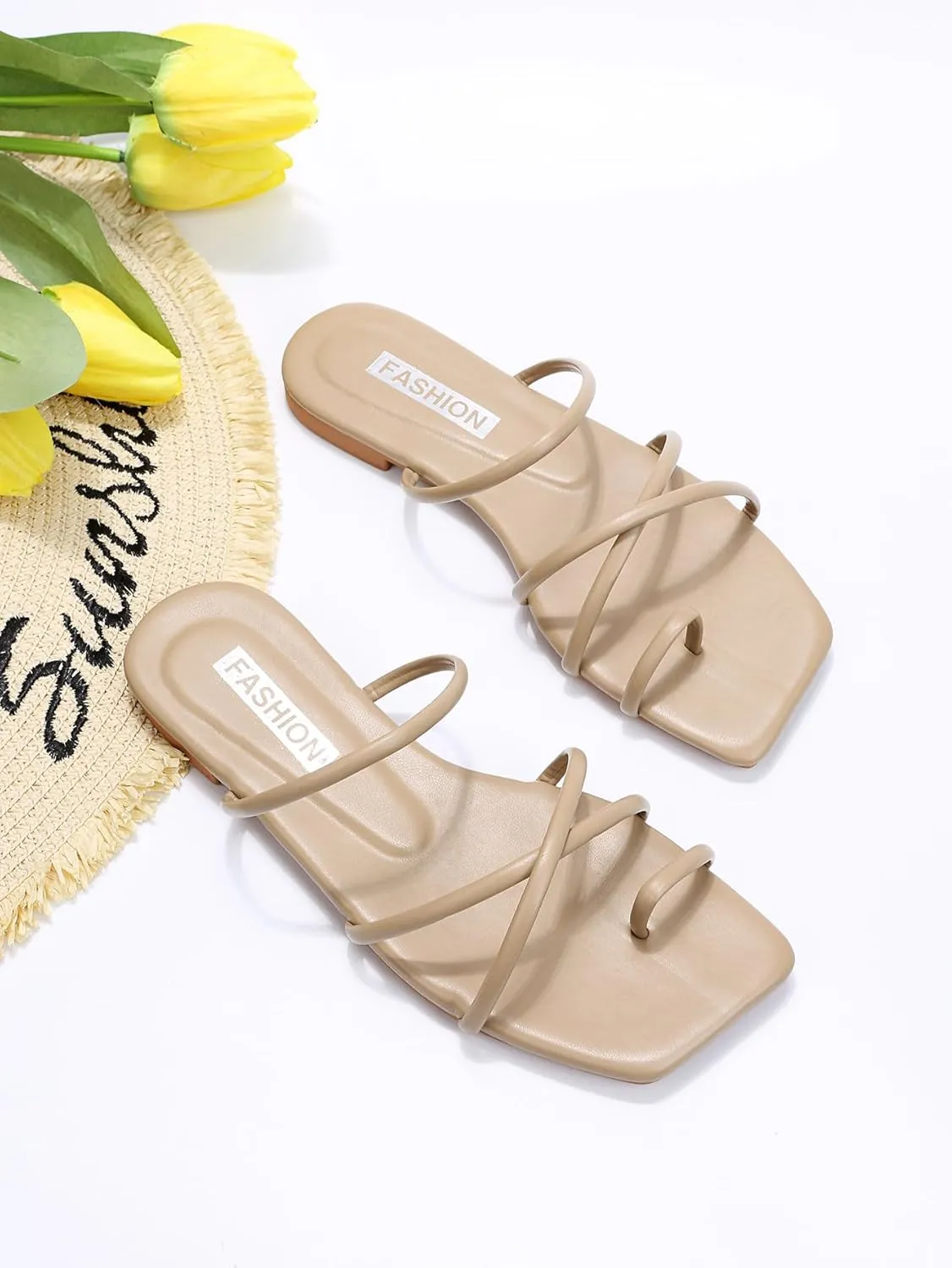 GORGLITTER Women's Cute Strappy Sandals Flat Sandals Toe Ring Summer Slide Sandal Slip on Flip Flops