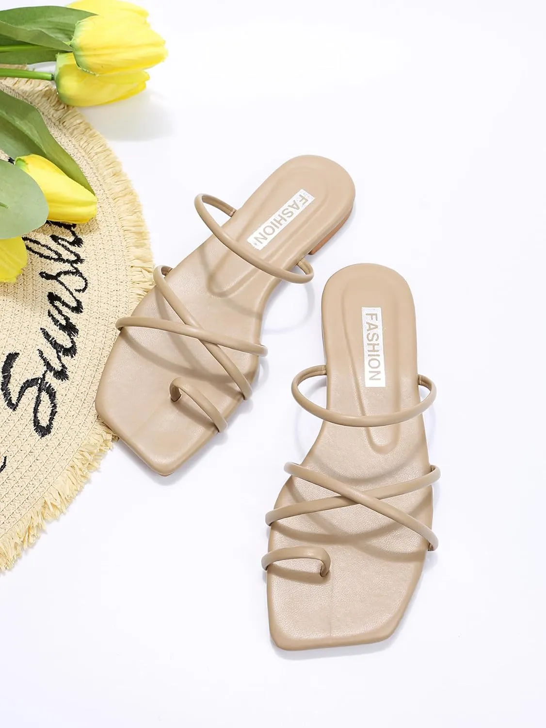 GORGLITTER Women's Cute Strappy Sandals Flat Sandals Toe Ring Summer Slide Sandal Slip on Flip Flops