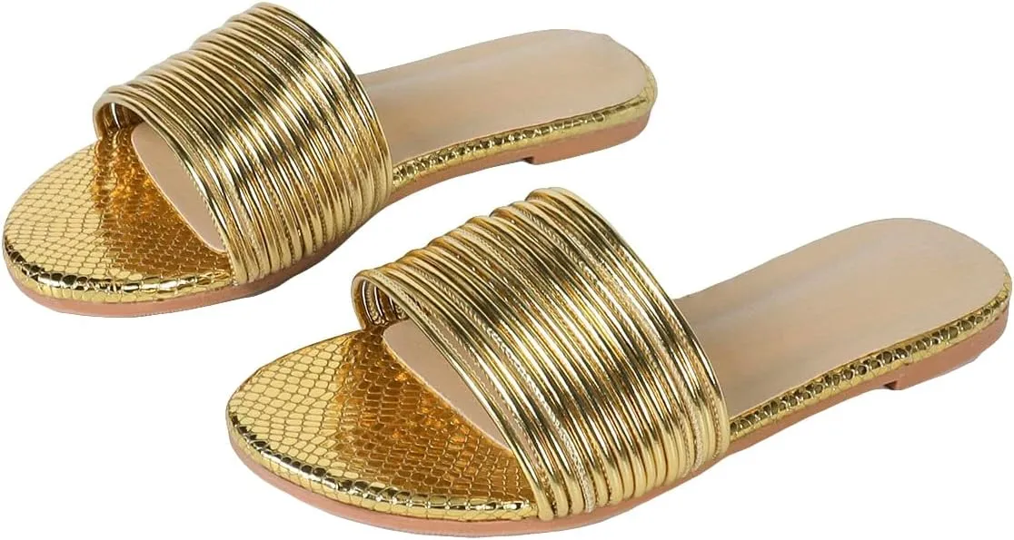 GORGLITTER Women's Summer Metallic Flats Sandal Dressy Cute Open Toe Slipper Slip on Slide Beach Sandals 2025