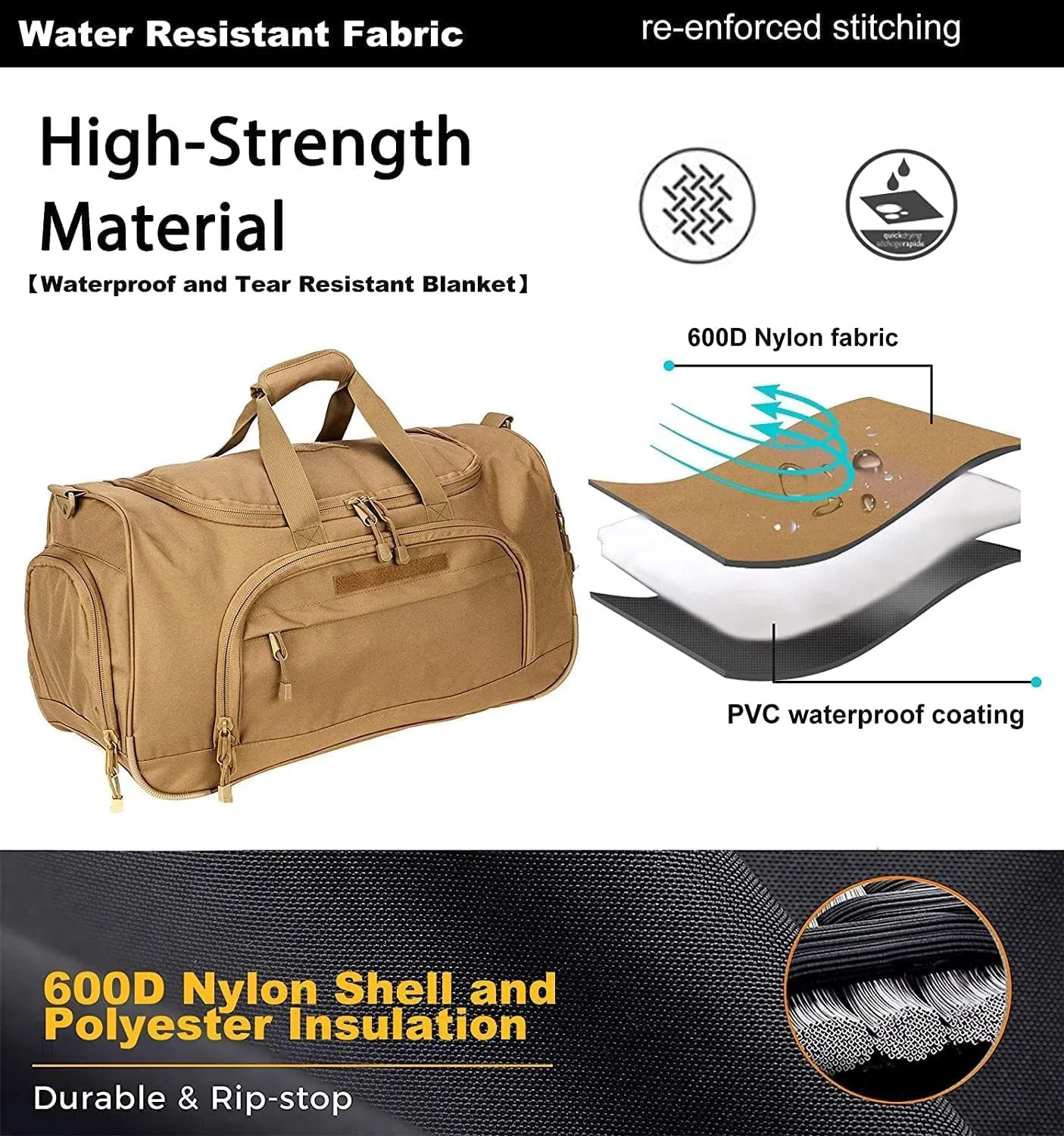 Gym Bag for Women & Men Tactical Duffle Military Weekender Work Out Lightweight Waterproof Sports Tote Shoe Pocket Tan
