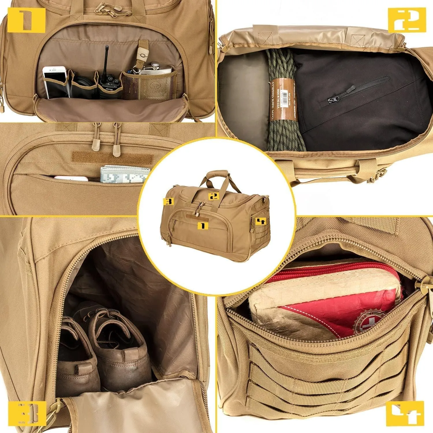 Gym Bag for Women & Men Tactical Duffle Military Weekender Work Out Lightweight Waterproof Sports Tote Shoe Pocket Tan