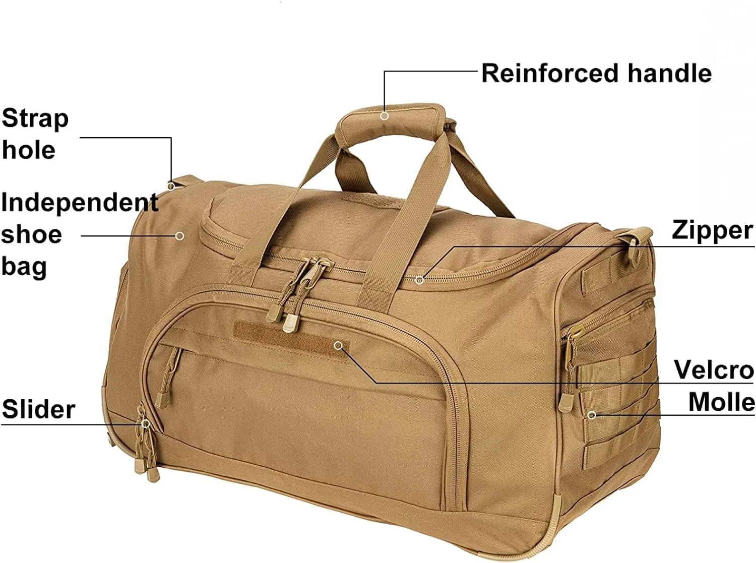 Gym Bag for Women & Men Tactical Duffle Military Weekender Work Out Lightweight Waterproof Sports Tote Shoe Pocket Tan