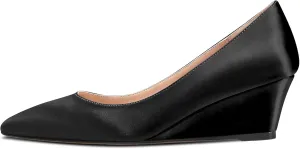 HEUIVZAR Women Wedge Pumps Pointed Toe Block Chunky Mid Low Heel Slip-on Dress Shoes Classic Satin 2 Inch
