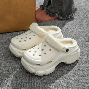 Hhhchpm Solid Color Thermal Lined Clogs, Slip On Soft Sole Platform Non-Slip Fuzzy Shoes, Winter Plush Closed Toe Shoes