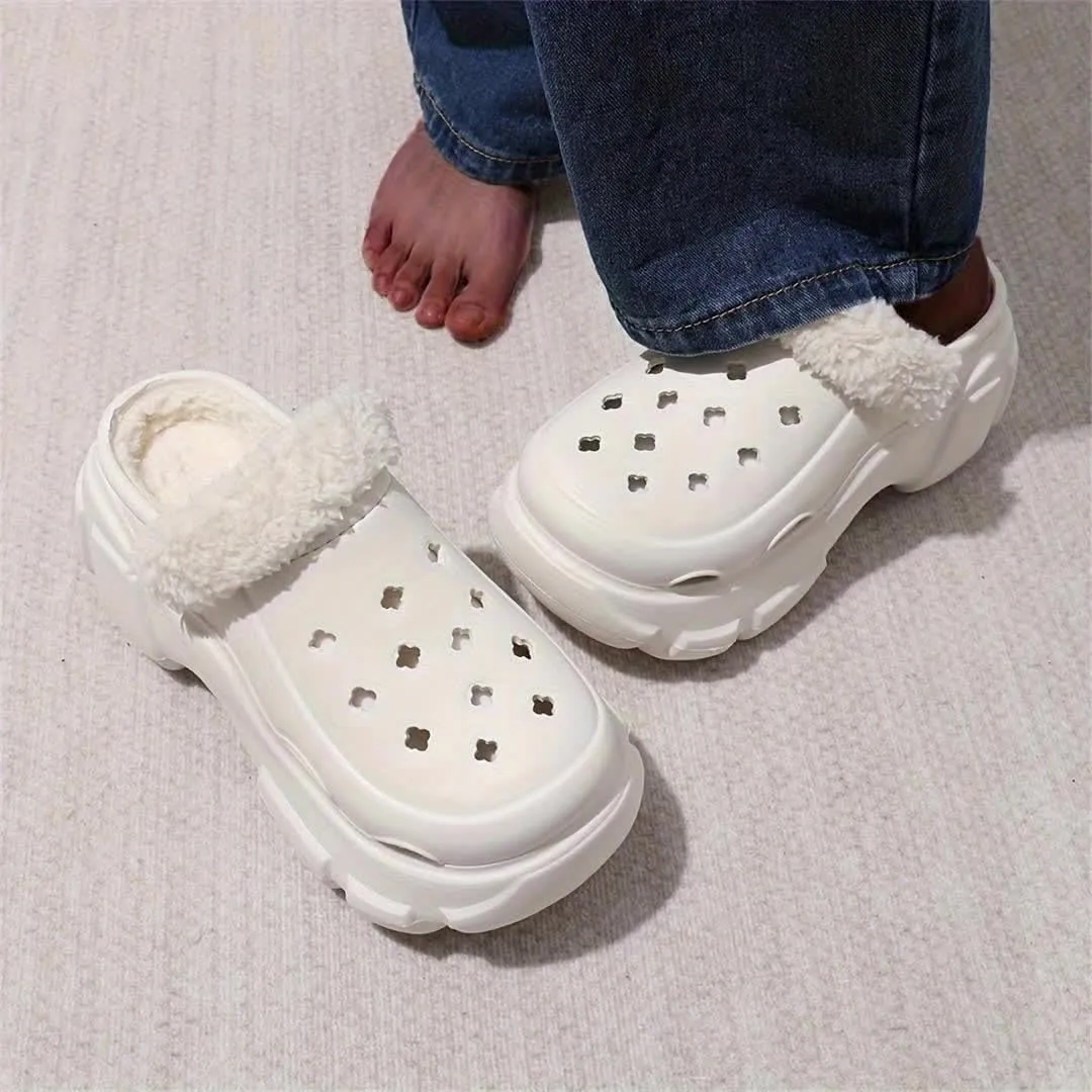 Hhhchpm Solid Color Thermal Lined Clogs, Slip On Soft Sole Platform Non-Slip Fuzzy Shoes, Winter Plush Closed Toe Shoes