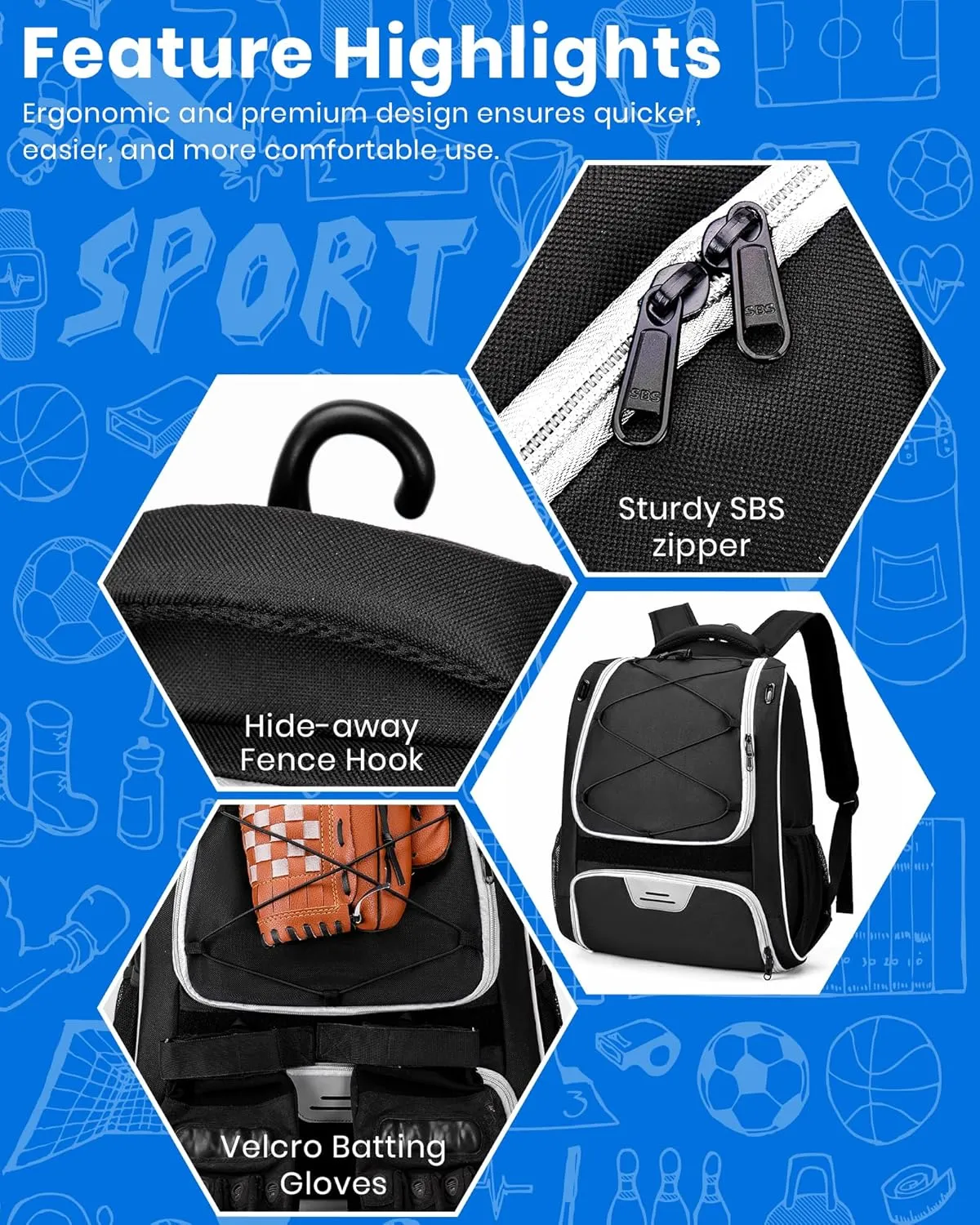 HMLIN Baseball Bag,Baseball Backpack, Softball Bat Bag with Shoes Compartment for Youth Adults,Lightweight Baseball Bag with T-Ball & Softball Equipment & Gear