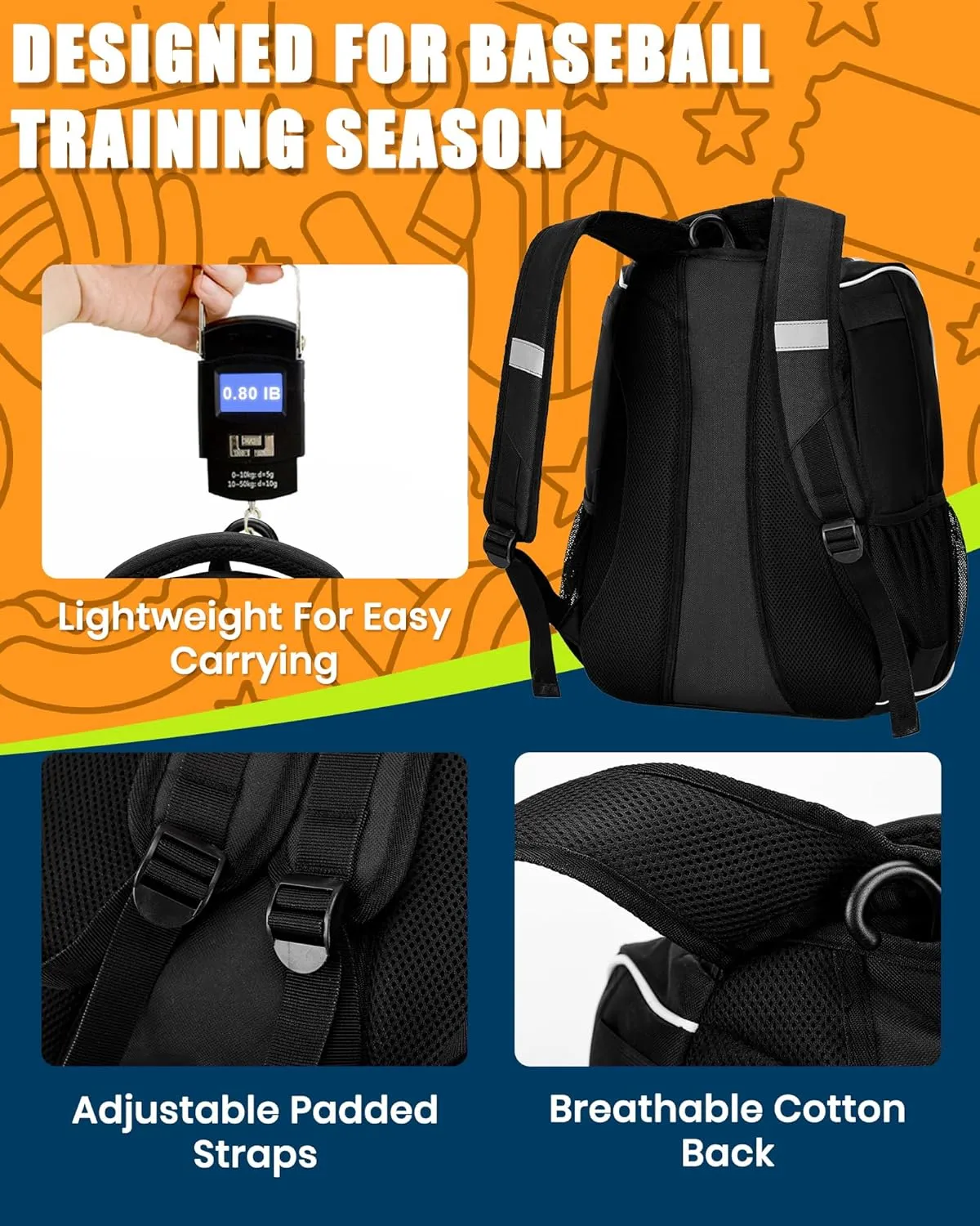 HMLIN Baseball Bag,Baseball Backpack, Softball Bat Bag with Shoes Compartment for Youth Adults,Lightweight Baseball Bag with T-Ball & Softball Equipment & Gear