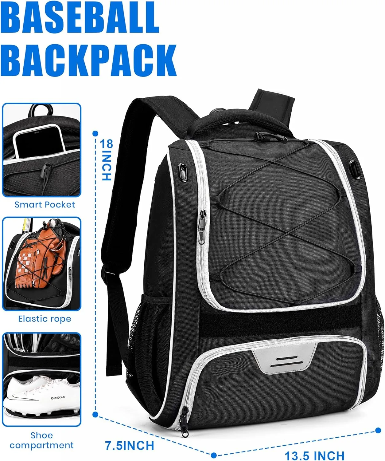 HMLIN Baseball Bag,Baseball Backpack, Softball Bat Bag with Shoes Compartment for Youth Adults,Lightweight Baseball Bag with T-Ball & Softball Equipment & Gear
