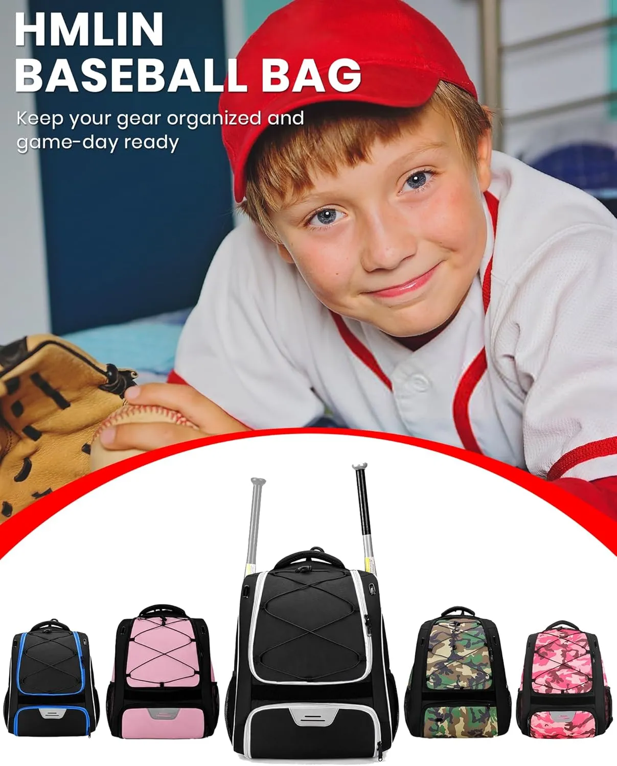 HMLIN Baseball Bag,Baseball Backpack, Softball Bat Bag with Shoes Compartment for Youth Adults,Lightweight Baseball Bag with T-Ball & Softball Equipment & Gear