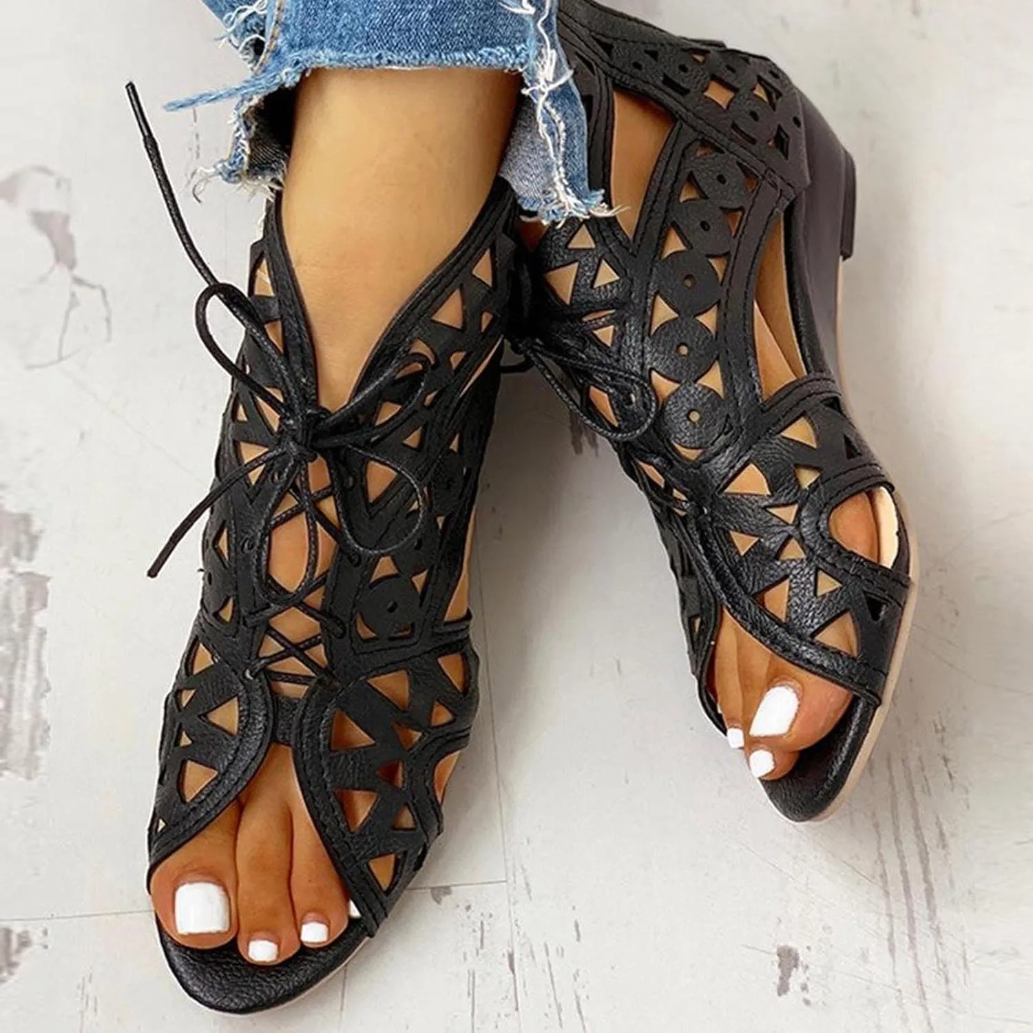 Hollow Sandals for Women Wedge Summer Casual Cross Straps Lace Up Fish Mouth Open Toe Back Zipper Flat Sandals Lightweight Comfy Outdoor Shoes