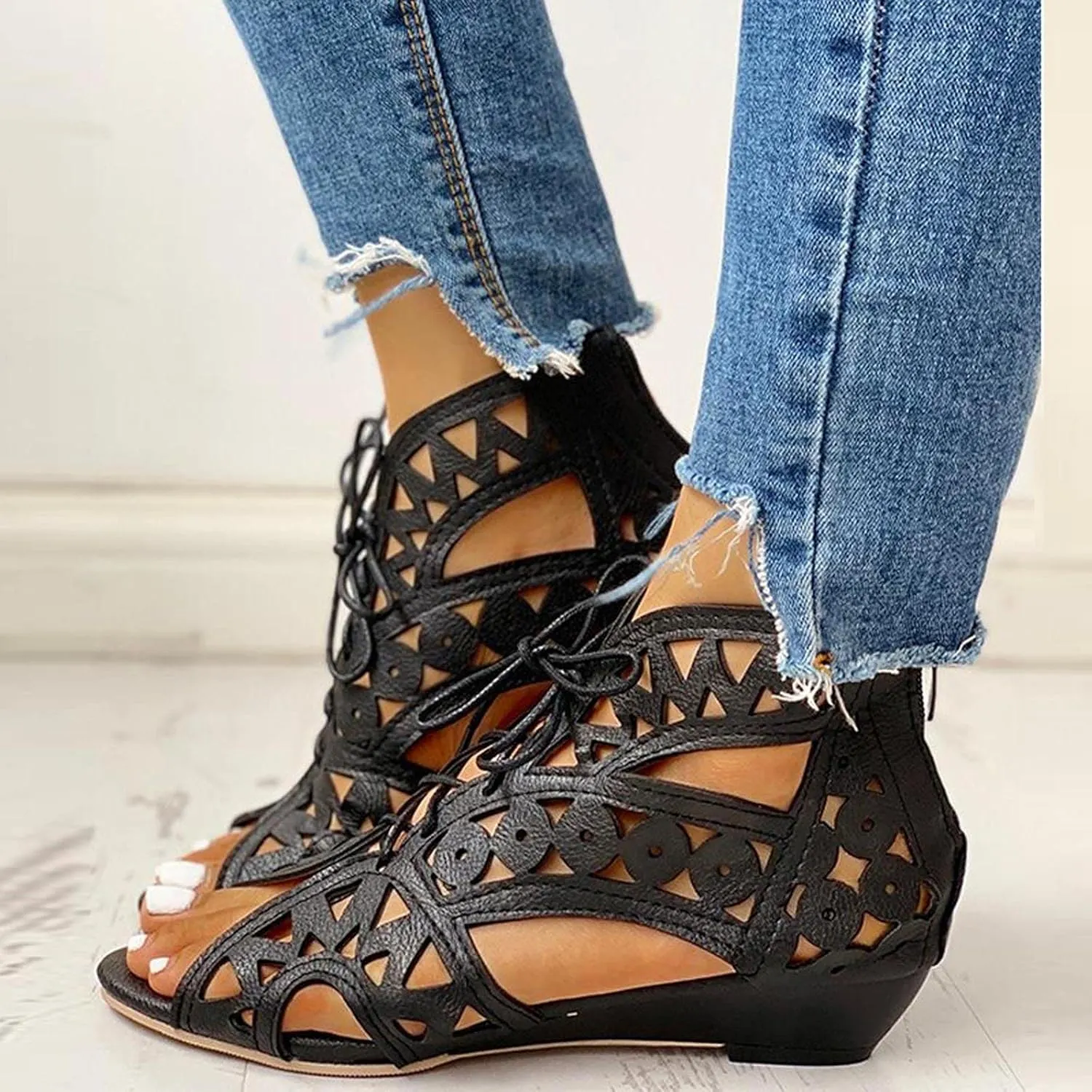 Hollow Sandals for Women Wedge Summer Casual Cross Straps Lace Up Fish Mouth Open Toe Back Zipper Flat Sandals Lightweight Comfy Outdoor Shoes