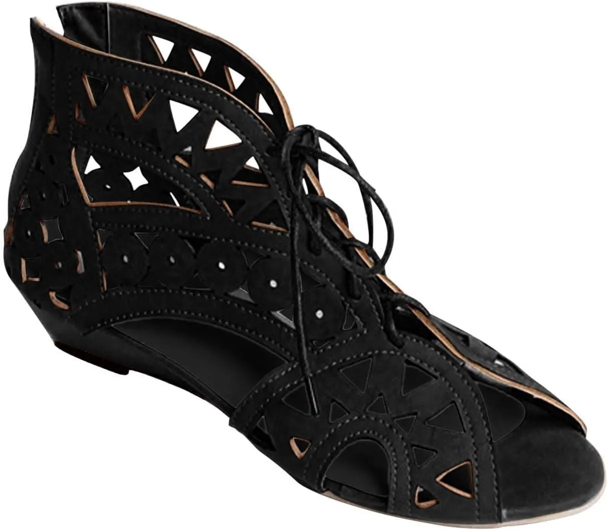Hollow Sandals for Women Wedge Summer Casual Cross Straps Lace Up Fish Mouth Open Toe Back Zipper Flat Sandals Lightweight Comfy Outdoor Shoes