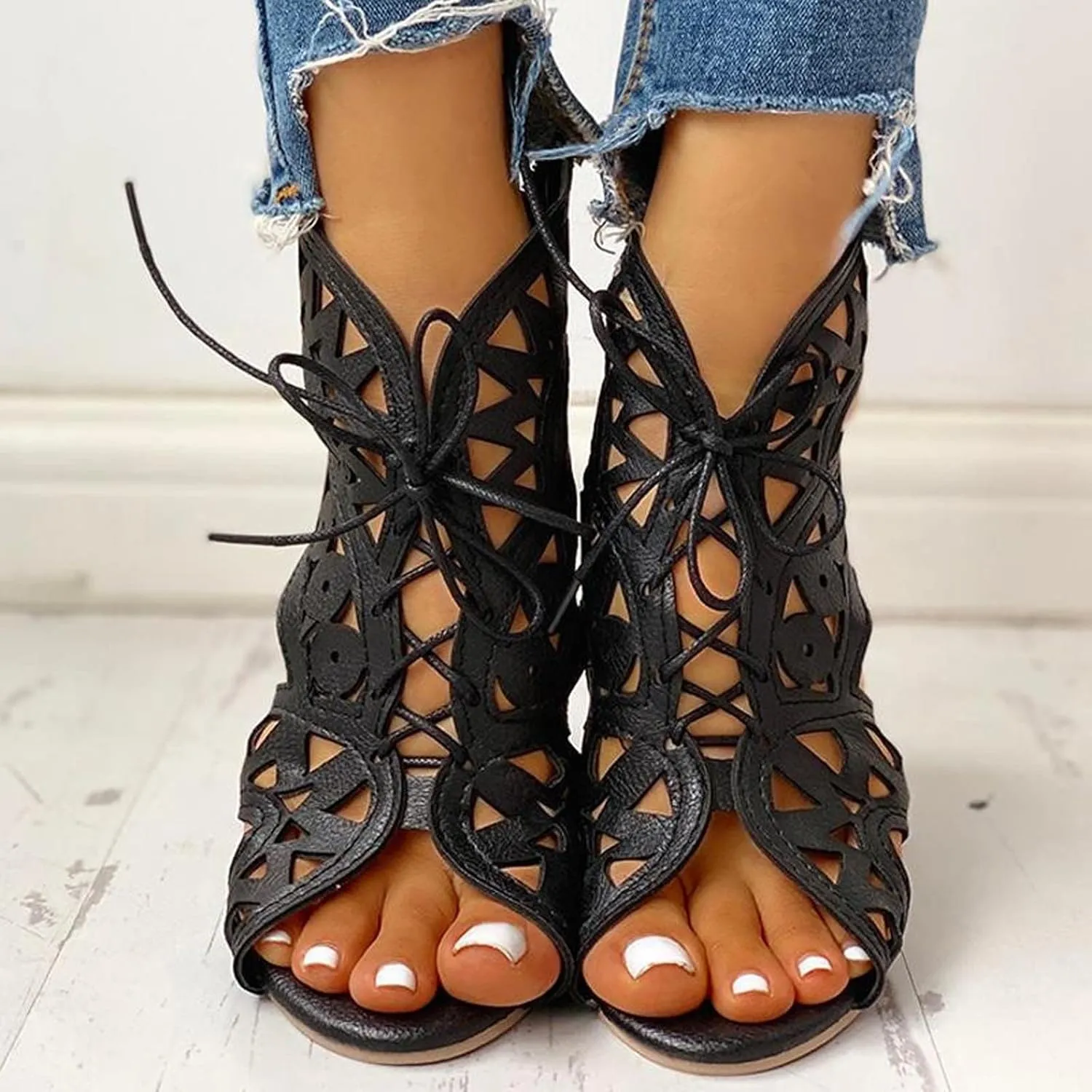 Hollow Sandals for Women Wedge Summer Casual Cross Straps Lace Up Fish Mouth Open Toe Back Zipper Flat Sandals Lightweight Comfy Outdoor Shoes