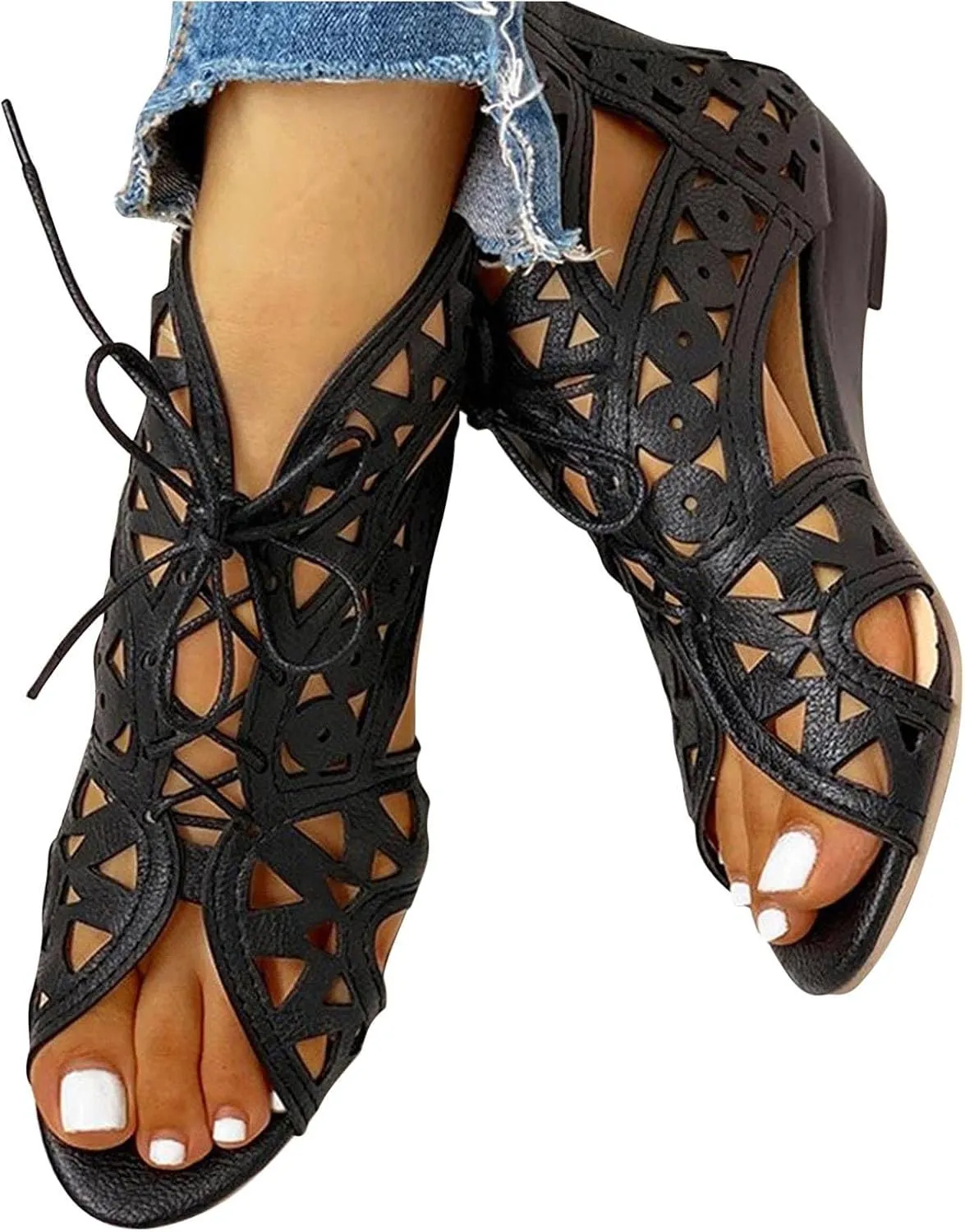 Hollow Sandals for Women Wedge Summer Casual Cross Straps Lace Up Fish Mouth Open Toe Back Zipper Flat Sandals Lightweight Comfy Outdoor Shoes