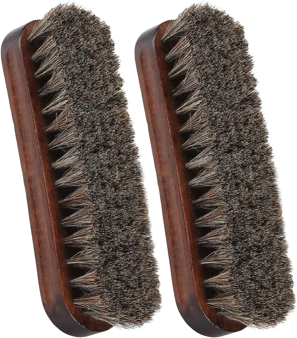 Horsehair Shoes Shine Brush, Soft Horse Hair Bristles Leather Clean & Care Brushes with Comfortable Grip for Shoes, Boots, Coats and Bags - 2 Pack