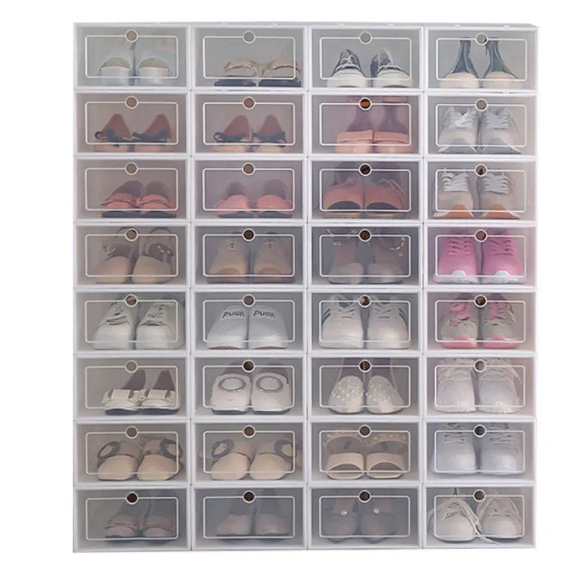 HULIANFU Wholesale 24pcs Shoe Box Set Classic White Foldable Storage Plastic Clear Home Organizer Shoe Rack Stack US CA&amp;NJ warehouse