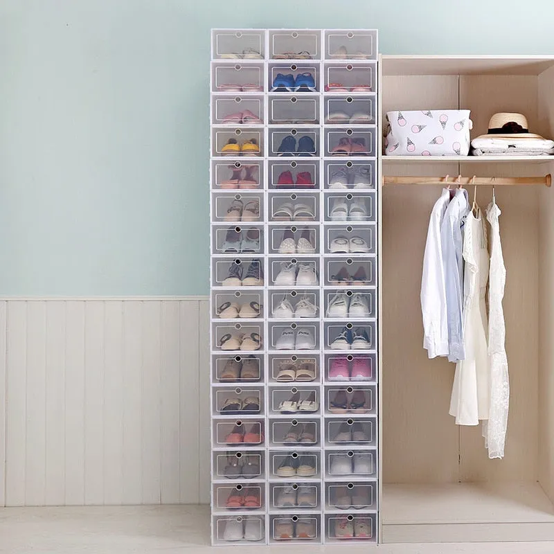 HULIANFU Wholesale 24pcs Shoe Box Set Classic White Foldable Storage Plastic Clear Home Organizer Shoe Rack Stack US CA&amp;NJ warehouse