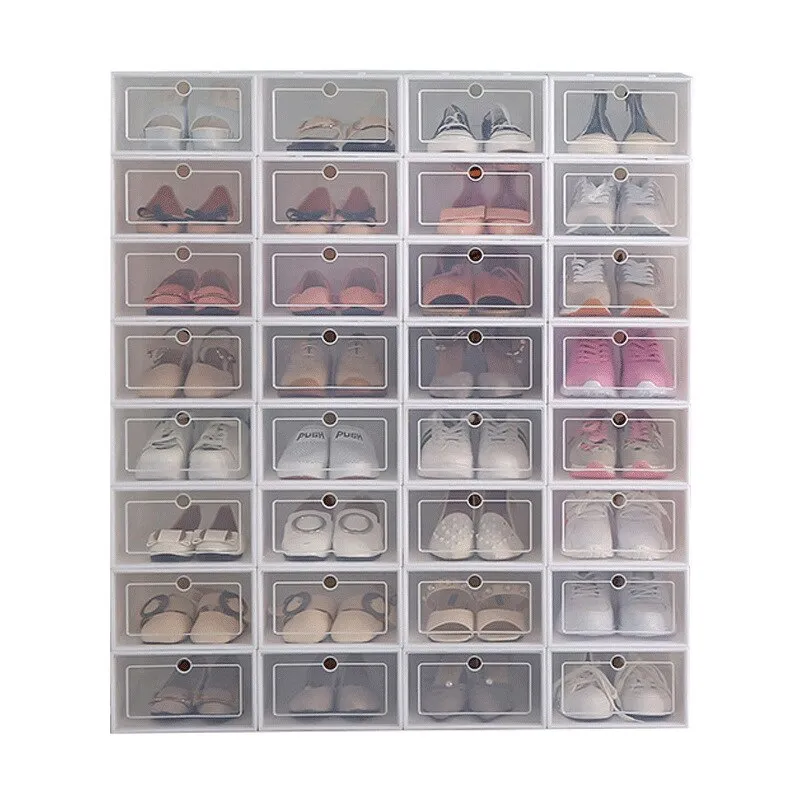 HULIANFU Wholesale 24pcs Shoe Box Set Classic White Foldable Storage Plastic Clear Home Organizer Shoe Rack Stack US CA&amp;NJ warehouse