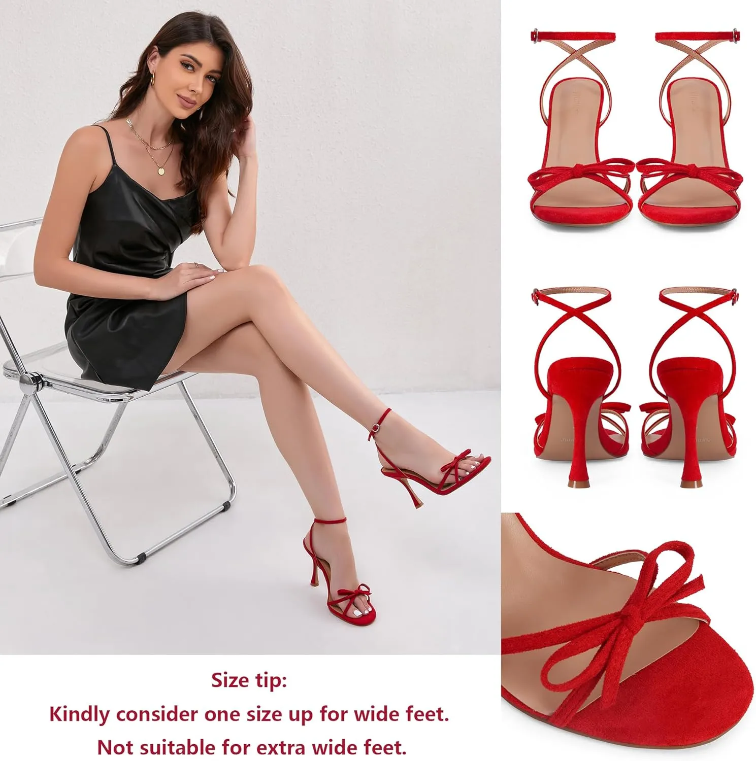 iiimmu Women's Bow Heels 4 IN Stiletto Heeled Sandals for Women Round Open Toe Sandals Elegant Summer Heels Soft PU Leather/Faux Suede