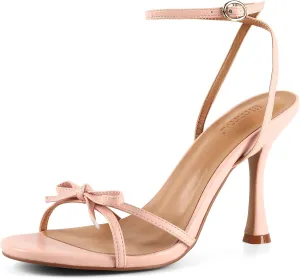 iiimmu Women's Bow Heels 4 IN Stiletto Heeled Sandals for Women Round Open Toe Sandals Elegant Summer Heels Soft PU Leather/Faux Suede
