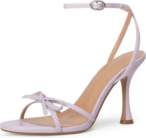 iiimmu Women's Bow Heels 4 IN Stiletto Heeled Sandals for Women Round Open Toe Sandals Elegant Summer Heels Soft PU Leather/Faux Suede