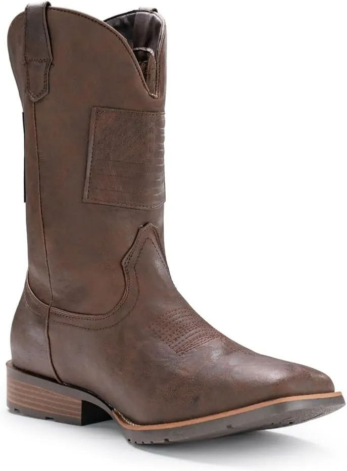 IUV Wide Cowboy Boots For Men Wide Western Boot Traditional American Flag Retro Square Toe Country Work Boots