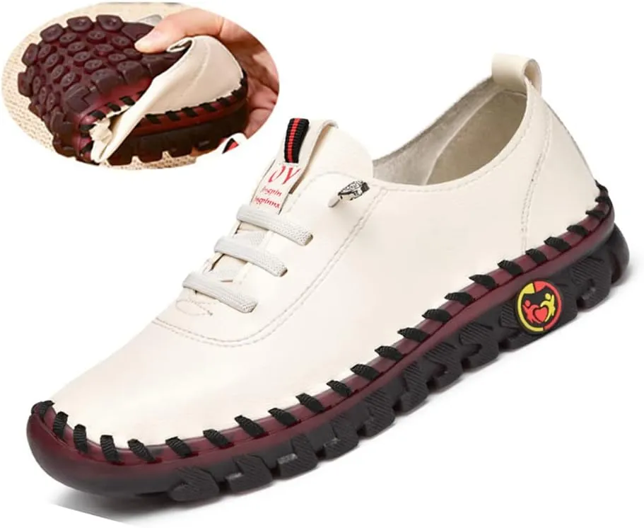 JishinGal Women's Slip on Loafers Round Toe Soft Leather Flat Shoes Comfortable Walking Shoes