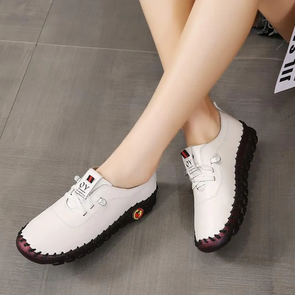 JishinGal Women's Slip on Loafers Round Toe Soft Leather Flat Shoes Comfortable Walking Shoes
