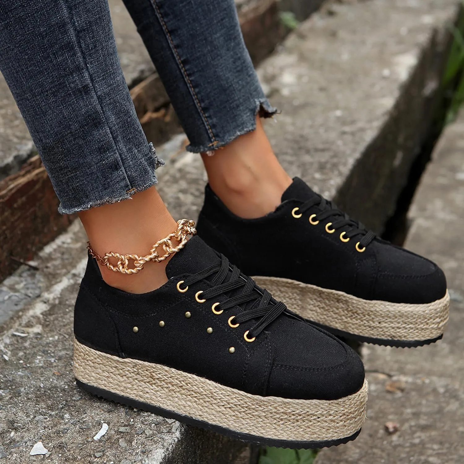 JITUUE Women's Fashion Sneakers Comfortable Casual Hemp Rope Platform Sole Espadrilles Shoes