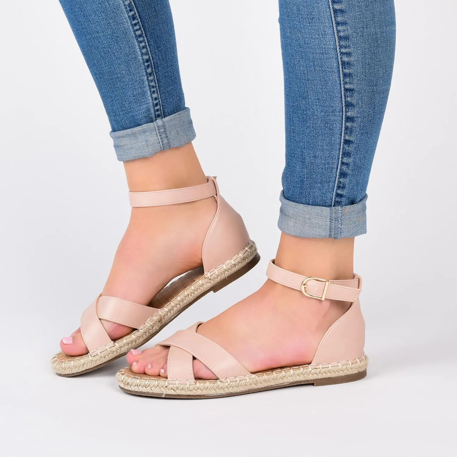 Journee Womens Flat Espadrille Strappy Crisscross Open Round Toe Sandal - Lyddia Buckle Ankle Strap Platform