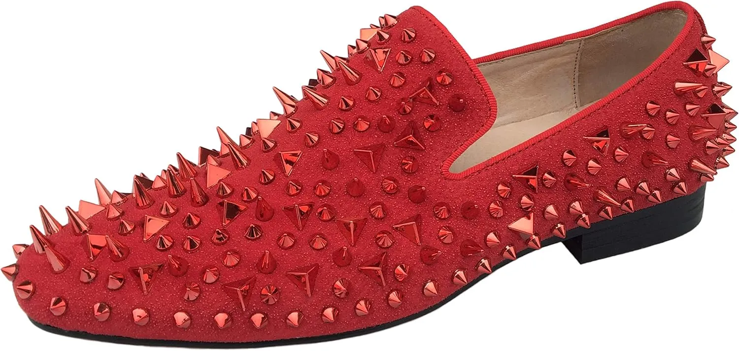 Justar Men's Leather Spikes Loafers Studded Dress Shoes Slip-on Flats Long Rivet Party Shoes
