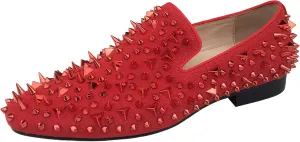 Justar Men's Leather Spikes Loafers Studded Dress Shoes Slip-on Flats Long Rivet Party Shoes